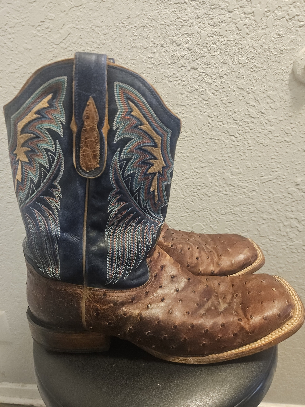 Tony Lama Brown Ostrich Leather with Blue Embroidered Shaft Cowboy Boots